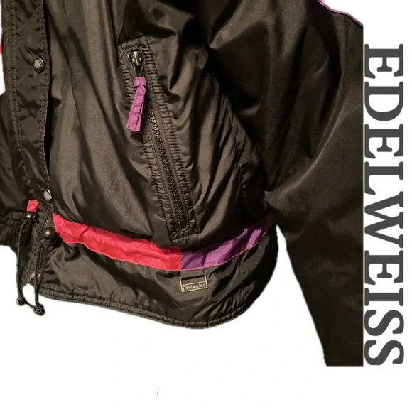 VINTAGE 80s 90s Edelweiss Skiwear Puffer Ski Jacket Snow Parka Black Pink Purple